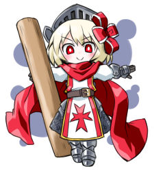 Rule 34 | 1girl, armor, blonde hair, cape, full armor, gauntlets, gloves, hair ribbon, helmet, knight, kugelschreiber, outstretched arms, red eyes, ribbon, rumia, short hair, smile, solo, touhou