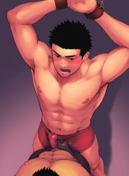 Rule 34 | 2boys, abs, armpit hair, armpits, arms up, bara, black hair, blush, bulge, bulge press, bulges touching, cuffs, cum, cum in clothes, cum through clothes, erection, erection under clothes, from above, handcuffs, large pectorals, male focus, multiple boys, muscular, muscular male, navel, nipples, original, pectorals, precum, precum through clothes, short hair, sideburns, solo focus, spiked hair, stomach, topless male, underwear, underwear only, unplugged line, yaoi