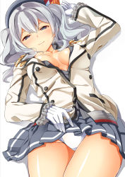Rule 34 | 10s, 1girl, beret, blush, breasts, buttons, byte (allbyte), epaulettes, female focus, frilled sleeves, frills, gloves, grey eyes, grey hair, hat, highres, jacket, kantai collection, kashima (kancolle), large breasts, looking at viewer, lying, military, military uniform, miniskirt, on back, panties, pleated skirt, shizuka (deatennsi), sidelocks, skirt, smile, solo, twintails, unbuttoned, underwear, uniform, wavy hair, white gloves, white panties