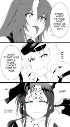 Rule 34 | 3girls, 3koma, absurdres, anger vein, animal ear fluff, animal ears, arknights, arrow (symbol), bare shoulders, ch&#039;en (arknights), clenched teeth, collared shirt, comic, commentary, english commentary, english text, forehead writing, gloves, greyscale, hair between eyes, hat, high collar, highres, horns, hoshiguma (arknights), jacket, lion ears, long hair, monochrome, multiple girls, open mouth, parted lips, peaked cap, ringlets, sally (luna-arts), shirt, single horn, swire (arknights), teeth, tic-tac-toe, v-shaped eyebrows