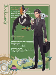 Rule 34 | 1boy, absurdres, black footwear, black hair, black jacket, black pants, briefcase, closed mouth, collared shirt, commentary, creatures (company), cup, disposable cup, dudunsparce, elite four, game freak, gen 4 pokemon, gen 7 pokemon, green necktie, gym leader, hand up, highres, holding, holding briefcase, jacket, komala, larry (pokemon), long sleeves, male focus, necktie, nintendo, on shoulder, pants, pokemon, pokemon (creature), pokemon on shoulder, pokemon sv, rockcandy (mdhn7324), shirt, shoes, short hair, standing, staraptor