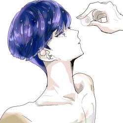 Rule 34 | androgynous, bad id, bad twitter id, blue eyes, blue hair, blunt bangs, colored eyelashes, colored skin, crystal hair, eyeball, gender request, gyu nba32, houseki no kuni, nude, out of frame, phosphophyllite, phosphophyllite (ll), short hair, solo focus, spoilers, upper body, white background, white skin