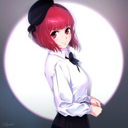 Rule 34 | 1girl, arima kana, beret, black bow, black bowtie, black hat, black skirt, blunt bangs, blunt ends, blush, bob cut, bow, bowtie, closed mouth, collared shirt, commentary, cowboy shot, eyelashes, from side, happy, hat, highres, lips, long sleeves, looking at viewer, oshi no ko, ranveld, red eyes, red hair, shirt, short hair, signature, simple background, skirt, smile, solo, split mouth, spotlight, straight hair, tareme, white background, white shirt