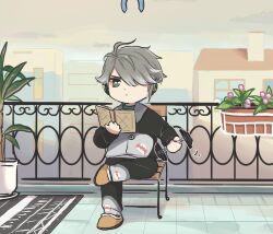 Rule 34 | 1boy, ahoge, alhaitham (genshin impact), alternate costume, artist name, balcony, book, building, carpet, chibi, cloud, commentary, contemporary, dumbbell, dusk, exercising, expressionless, genshin impact, green eyes, grey hair, hair over one eye, headphones, highres, holding, holding book, loungewear, on chair, out of frame, outdoors, plant, potted plant, reading, shark print, sitting, slippers, solo, swept bangs, symbol-only commentary, wooden chair, xinzoruo