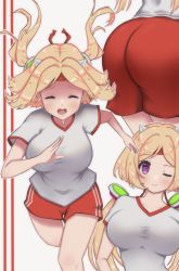 Rule 34 | 1girl, aki rosenthal, alternate costume, ass, blonde hair, bloomers, blush, bob cut, breasts, commentary request, gym uniform, highres, hololive, large breasts, long hair, looking at viewer, low twintails, nyu-tan94, one eye closed, parted bangs, purple eyes, shirt, short hair, smile, solo, taut clothes, taut shirt, twintails, underwear, virtual youtuber