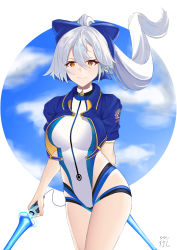 Rule 34 | 1girl, absurdres, blue bow, blue jacket, blue sky, blue one-piece swimsuit, bow, breasts, cloud, controller, dual wielding, energy sword, fate/grand order, fate (series), front zipper swimsuit, game controller, hair between eyes, hair bow, highleg, highleg swimsuit, highres, holding, jacket, large breasts, long hair, looking at viewer, meme attire, multicolored clothes, multicolored swimsuit, one-piece swimsuit, ponytail, red eyes, shleace-takeshi, short sleeves, signature, silver hair, sky, solo, swimsuit, sword, tomoe gozen (fate), tomoe gozen (swimsuit saber) (fate), two-tone swimsuit, weapon, white background, white one-piece swimsuit