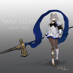 Rule 34 | 1girl, armor, azur lane, breastplate, breasts, brown shirt, character name, closed mouth, corset, dated, diamond (shape), expressionless, fleur-de-lis, floating hair, gauntlets, gradient background, grey background, grey hair, hair between eyes, hair ornament, hand up, head tilt, highres, holding, holding polearm, holding weapon, jacket, kdm (ke dama), large breasts, left-handed, long hair, looking away, mid-stride, miniskirt, mole, mole under eye, pantyhose, parted lips, pleated skirt, polearm, polearm behind back, red eyes, saint-louis (azur lane), shirt, sidelocks, signature, simple background, skirt, solo, walking, weapon, white footwear, white skirt