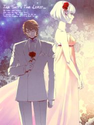 Rule 34 | 10s, 1boy, 1girl, bad id, bad pixiv id, bare shoulders, blonde hair, blue eyes, blurry, bob cut, bow, bowtie, cis (tiger &amp; bunny), depth of field, dress, empire waist, english text, flower, formal, gloves, hair ornament, highres, keith goodman, manly, rose, scr.e, short hair, suit, tiger &amp; bunny, traditional bowtie, white hair