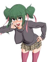 Rule 34 | butakoma 300g, fellatio gesture, green hair, highres, sexually suggestive, skirt, sweater, thighhighs, tongue, twintails