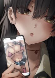 Rule 34 | 1girl, bikini, black eyes, black hair, breasts, cellphone, earrings, eyebrows hidden by hair, hair between eyes, highres, holding, holding phone, jewelry, large breasts, long hair, looking at viewer, mishiranu joshikousei ni kankin sareta mangaka no hanashi, necklace, open clothes, open mouth, phone, ryouma (galley), smartphone, solo, swimsuit, upper body