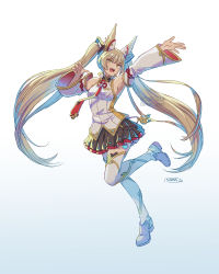 Rule 34 | adapted costume, alternate hairstyle, animal ears, boots, chest jewel, cosplay, facial mark, hatsune miku, hatsune miku (cosplay), long hair, low twintails, nia (blade) (xenoblade), nia (xenoblade), simple background, suneiaaa, thigh boots, twintails, very long hair, vocaloid, white background, xenoblade chronicles (series), xenoblade chronicles 2, yellow eyes