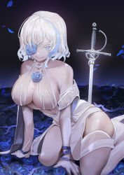 Rule 34 | 1girl, absurdres, bare shoulders, black background, blue eyes, blue flower, blue hair, blue outline, blue rose, breasts, chinese commentary, cleavage, closed mouth, colored eyelashes, dress, flower, full body, half-closed eyes, haowei wu, highres, large breasts, lipstick, looking at viewer, makeup, medium hair, mole, mole on breast, multicolored hair, one eye covered, original, outline, petals, rose, rose petals, smile, solo, streaked hair, sword, thorns, v-shaped eyebrows, weapon, white dress, white hair