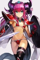 Rule 34 | 1girl, armor, bikini, bikini armor, black thighhighs, blue eyes, breasts, cape, cowboy shot, elizabeth bathory (brave) (fate), elizabeth bathory (fate), fate/grand order, fate (series), female focus, grey background, horns, hungry clicker, long hair, looking at viewer, navel, pauldrons, pink hair, pointy ears, red armor, shield, shoulder armor, simple background, small breasts, solo, standing, swimsuit, sword, tail, thighhighs, weapon