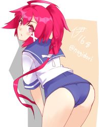 Rule 34 | 10s, 1girl, ahoge, ass, bad id, bad pixiv id, character name, cowboy shot, from behind, hair ribbon, i-168 (kancolle), kantai collection, leaning forward, long hair, looking back, nagidori, parted lips, ponytail, red eyes, red hair, ribbon, school swimsuit, school uniform, serafuku, short sleeves, simple background, solo, standing, swimsuit, swimsuit under clothes, twitter username