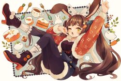 Rule 34 | 1girl, animal ears, animal hood, arm up, black pantyhose, black shirt, bow, branch, brown footwear, brown hair, buttons, cake, cake slice, carrot cake, carrot hair ornament, commentary, creature, cropped hoodie, cup, fang, flower, food, food-themed hair ornament, fork, frilled shirt, frilled socks, frills, from side, full body, fur-trimmed overalls, fur-trimmed sleeves, fur trim, green background, hair bow, hair flower, hair ornament, hand up, highres, hood, hood down, hoodie, knees together feet apart, knees up, leaf, long hair, looking at viewer, mole, mole under eye, one eye closed, open mouth, orange hoodie, original, outstretched arm, overalls, pantyhose, pom pom (clothes), rabbit, rabbit ears, rabbit girl, rabbit hood, rabbit tail, reclining, shirt, shoes, skin fang, socks, solo, stretching, suspenders, tabi 0v0, tail, teacup, twintails, two-tone background, white background, white socks, yawning, yellow eyes