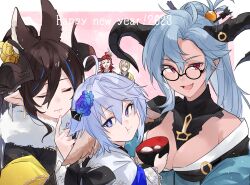 Rule 34 | 2023, 2boys, 3boys, :t, alternate costume, alternate hairstyle, animal ears, black kimono, blue eyes, blue hair, bowl, breasts, brown hair, cleavage, closed eyes, closed mouth, dark-skinned female, dark skin, eating, fediel (granblue fantasy), fur-trimmed kimono, fur trim, galleon (granblue fantasy), granblue fantasy, hair ornament, hairpin, happy new year, highres, holding, holding bowl, horns, japanese clothes, kimono, long hair, lu woh (granblue fantasy), medium breasts, multiple boys, new year, off shoulder, official alternate costume, open mouth, parted bangs, pointy ears, ponytail, red eyes, short hair, smile, upper body, wamdus (granblue fantasy), white kimono, wilnas (granblue fantasy), yakota (usuk-yako), zouni soup