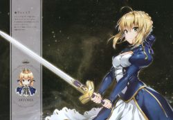 Rule 34 | 1girl, absurdres, artoria pendragon (fate), braid, character name, fate/grand order, fate/stay night, fate (series), french braid, highres, holding, holding sword, holding weapon, huge filesize, riichu, scan, simple background, sky, solo, star (sky), starry sky, sword, weapon