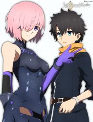 Rule 34 | 1boy, 1girl, :d, absurdres, armored leotard, bad id, bad pixiv id, belt, belt buckle, black belt, black hair, black leotard, blue eyes, breasts, breasts apart, buckle, closed mouth, copyright name, elbow gloves, fate/grand order, fate (series), fujimaru ritsuka (male), fujimaru ritsuka (male) (true ether chaldea uniform), gloves, hair over one eye, highres, leotard, looking at viewer, mash kyrielight, official alternate costume, open mouth, pink hair, purple eyes, purple gloves, short hair, small breasts, smile, standing, twitter username, user smgj5887, wristband