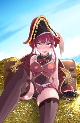 Rule 34 | 1girl, bare shoulders, blush, chadgarciaburg, cleavage, hat, heterochromia, highres, hololive, houshou marine, long hair, looking at viewer, navel, pirate hat, red eyes, red hair, see-through, see-through cleavage, self-upload, skirt, smile, thighhighs, virtual youtuber, yellow eyes