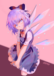 Rule 34 | 1girl, absurdres, bad id, bad pixiv id, blue bow, blue dress, blue eyes, blue hair, blue nails, bow, character name, cirno, commentary, dress, hair bow, head tilt, highres, ice, ice wings, kneeling, looking at viewer, md5 mismatch, nail polish, neck ribbon, pinafore dress, pink background, puffy short sleeves, puffy sleeves, red ribbon, resolution mismatch, ribbon, shirt, short hair, short sleeves, sleeveless dress, solo, touhou, two-tone background, v arms, vinkyfre, white shirt, wings