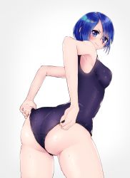 Rule 34 | 1girl, adjusting clothes, adjusting swimsuit, aqua (kingdom hearts), ass, awato, bare shoulders, blue eyes, blue hair, blush, breasts, cameltoe, from behind, highres, kingdom hearts, kingdom hearts birth by sleep, medium breasts, one-piece swimsuit, shiny clothes, shiny skin, short hair, sideboob, smile, solo, swimsuit, thighs, wet, wet clothes, wet hair
