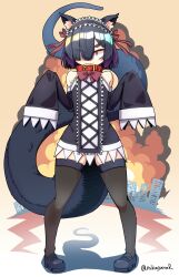 Rule 34 | 1girl, animal collar, animal ear fluff, animal ears, artist name, black dress, black hair, bow, bowtie, cat ears, collar, detached sleeves, dress, explosion, full body, gradient hair, hair over one eye, hands up, highres, lizard tail, looking at viewer, maid, maid headdress, mikagura, multicolored hair, orange background, original, pigeon-toed, purple hair, red collar, red eyes, short hair, sleeveless, sleeves past fingers, sleeves past wrists, solo, standing, tail, thighhighs, twitter username, very long sleeves