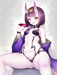 Rule 34 | 1girl, artist name, ass, blush, bob cut, breasts, covered erect nipples, cup, doyouwantto, fang, fate/grand order, fate (series), horns, huge ass, looking at viewer, navel, oni, open mouth, pale skin, purple eyes, purple hair, sakazuki, short hair, shuten douji (fate), shuten douji (first ascension) (fate), sitting, skin-covered horns, small breasts, smile, solo