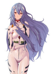 Rule 34 | 1girl, absurdres, ayanami rei, blue hair, bodysuit, breasts, commentary request, covered navel, cowboy shot, evangelion: 3.0+1.0 thrice upon a time, hair between eyes, hand on own hip, hand up, highres, interface headset, long hair, looking at viewer, medium breasts, neon genesis evangelion, parted lips, partial commentary, pilot suit, plugsuit, rebuild of evangelion, red eyes, sasasa r 23, simple background, skin tight, solo, standing, straight-on, thigh gap, very long hair, white background, white bodysuit
