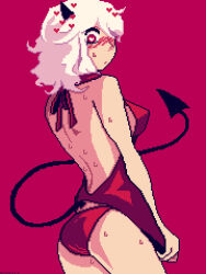 1girl bare_back blush breasts commentary demon_girl demon_horns demon_tail dress english_commentary from_behind heart heart-shaped_pupils helltaker highres horns lzmdru4_1 modeus_(helltaker) panties pixel_art red_background red_dress red_eyes red_panties sideboob simple_background solo standing sweat symbol-shaped_pupils tail underwear white_hair