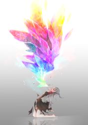Rule 34 | 1girl, barefoot, bow, breasts, brooch, bubble, closed eyes, colorful, dress, feathered wings, glowing, gradient background, grey background, hand on own chest, highres, jacket, jewelry, kishin sagume, kneeling, large wings, legs, light particles, multicolored wings, natsuki (ukiwakudasai), open mouth, ponytail, reflection, ripples, screaming, short hair, short ponytail, sidelocks, silver hair, single wing, solo, thighs, torn clothes, touhou, water, white background, wings