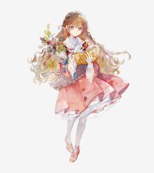 Rule 34 | 1girl, book, bouquet, brown eyes, brown hair, commentary, dress, flower, full body, hair ribbon, highres, holding, holding book, holding bouquet, layered dress, long hair, long sleeves, looking at viewer, niwa haruki, original, pantyhose, pink footwear, red dress, ribbon, simple background, smile, solo, symbol-only commentary, white background, white pantyhose, white ribbon