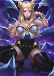Rule 34 | 1girl, ahri (league of legends), animal ears, bad id, bad pixiv id, bare shoulders, blonde hair, blush, bracelet, breasts, choker, cleavage, facial mark, fox ears, heart, heart choker, idol, jewelry, k/da (league of legends), k/da ahri, league of legends, long hair, looking at viewer, makeup, medium breasts, open mouth, patreon username, paw pose, smile, solo, spread legs, squatting, thighhighs, unfairr, watermark, web address, whisker markings, yellow eyes