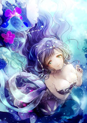 Rule 34 | 1girl, alternate hairstyle, aqua eyes, artist name, artist request, bare shoulders, bikini, bikini top only, blush, breasts, bubble, cleavage, collarbone, coral, diamond (shape), earrings, female focus, fish, from below, gesture, green eyes, highres, jewelry, lace, lace-trimmed swimsuit, lace trim, large breasts, long hair, looking at viewer, love live!, love live! school idol festival, love live! school idol project, medium breasts, mermaid, midriff, monster girl, navel, outstretched arm, purple bikini, purple hair, shell, shell earrings, shell hair ornament, sleeveless, smile, solo, star (symbol), swimsuit, tojo nozomi, twintails, underwater, waving, xyu05