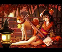 Rule 34 | 1girl, arm support, autumn leaves, bell, neck bell, black hair, collar, collarbone, dog, facial mark, floral print, flower, fox mask, full body, hair bell, hair flower, hair ornament, instrument, japanese clothes, jingle bell, kimono, leaf, letterboxed, long hair, looking at viewer, lying, maple leaf, mask, mountain, nakaichi (ridil), obi, on side, original, red eyes, sash, shamisen, short kimono, solo, sun, wide sleeves