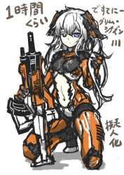 Rule 34 | 1girl, 8 page, absurdres, albino, armor, assault rifle, bad id, bad pixiv id, bodysuit, character name, clothing cutout, colored skin, destiny (game), expressionless, flat chest, full body, gloves, grim citizen iii, gun, hair ornament, heterochromia, highres, kneeling, long hair, looking at viewer, mecha musume, navel, navel cutout, partially translated, personification, planted, purple eyes, rifle, simple background, sketch, skin tight, solo, symbol-shaped pupils, translation request, weapon, white background, white hair, white skin