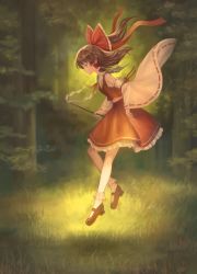 Rule 34 | 1girl, bad id, bad pixiv id, brown hair, detached sleeves, forest, from side, full body, gohei, hair ribbon, hair tubes, hakurei reimu, japanese clothes, landscape, long hair, long sleeves, mary janes, miko, nature, okakan, outdoors, ponytail, profile, revision, ribbon, shirt, shoes, skirt, skirt set, socks, solo, touhou, white socks, wide sleeves
