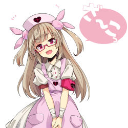 Rule 34 | 1girl, apron, bespectacled, collared shirt, commentary request, glasses, hair ornament, hat, heart, light brown hair, long hair, looking at viewer, natori sana, notice lines, nurse cap, ogami kazuki, pink apron, pink eyes, pink hat, puffy short sleeves, puffy sleeves, red-framed eyewear, sana channel, shirt, short sleeves, simple background, solo, two side up, v arms, virtual youtuber, white background
