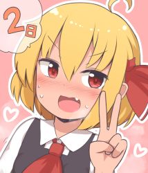 Rule 34 | 1girl, blonde hair, blush, collar, dress, grey dress, hair between eyes, hair ribbon, hand up, heart, long sleeves, looking to the side, open mouth, pink background, red eyes, red neckwear, red ribbon, ribbon, rumia, saisoku no yukkuri, short hair, simple background, smile, solo, tan, tongue, touhou, v, v-shaped eyebrows, white collar, white sleeves