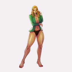 Rule 34 | 1girl, absurdres, antenna hair, barefoot, black panties, blonde hair, breasts, brown eyes, cardigan, cleavage, covered erect nipples, darji, drill hair, facing viewer, forehead, full body, green cardigan, hair pulled back, highres, kanzuki karin, large breasts, long legs, medium hair, no bra, no pants, open cardigan, open clothes, panties, quad drills, shiny skin, solo, street fighter, street fighter v, thick thighs, thighs, toes, underwear, white background