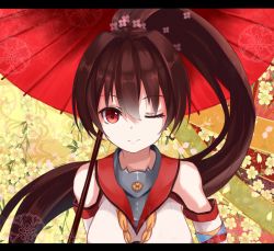 Rule 34 | 10s, 1girl, bad id, bad pixiv id, brown hair, cherry blossoms, flower, hair ornament, kantai collection, letterboxed, long hair, looking at viewer, oil-paper umbrella, one eye closed, ponytail, red eyes, rin yuu, smile, solo, umbrella, upper body, wink, yamato (kancolle)