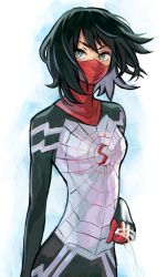 Rule 34 | 1girl, animification, black hair, bodysuit, breasts, cindy moon, floating hair, grey eyes, highres, holding, holding string, looking to the side, marvel, mask, mouth mask, red mask, short hair, silk (marvel), small breasts, solo, spider-man (series), spider web print, string, superhero costume, sushi pizza rrr, v-shaped eyebrows