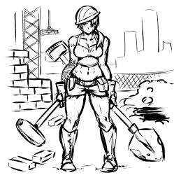 Rule 34 | 1girl, akairiot, boots, brick, construction site, construction worker, crop top, full body, gloves, greyscale, hair over one eye, helmet, highres, holding, holding shovel, long hair, looking at viewer, midriff, monochrome, navel, original, ponytail, shorts, shovel, solo, standing, sweat