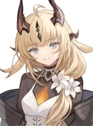 Rule 34 | 1girl, arknights, blonde hair, blue eyes, blunt bangs, blush, bodysuit, bodysuit under clothes, closed mouth, commentary request, dragon horns, dress, flower, horns, light in heart, lily (flower), long hair, looking at viewer, reed (arknights), reed the flame shadow (arknights), revision, simple background, smile, solo, touchika, upper body, white background, white dress
