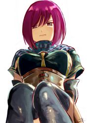 Rule 34 | 1girl, black thighhighs, breasts, closed mouth, highres, lips, looking at viewer, mazu (mz43033458), medium breasts, nel zelpher, purple eyes, red hair, scarf, short hair, simple background, solo, star ocean, star ocean till the end of time, thighhighs, white background