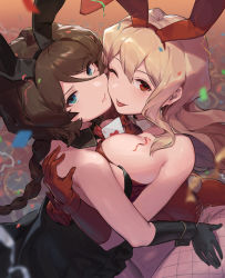 Rule 34 | 2girls, absurdres, animal ears, annoyed, ass, asymmetrical docking, bare shoulders, between breasts, black dress, black gloves, blonde hair, bow, bowtie, braid, breast press, breasts, brown hair, card, cheek-to-cheek, cleavage, closed mouth, collarbone, confetti, detached collar, dress, fake animal ears, fishnets, from above, from behind, gloves, green eyes, hair between eyes, hand on another&#039;s shoulder, hand on another&#039;s thigh, heads together, highres, hug, large breasts, leaning forward, leotard, long hair, looking at viewer, looking back, looking up, multiple girls, necktie, one eye closed, original, playboy bunny, playing card, rabbit ears, red bow, red bowtie, red eyes, red gloves, red leotard, sideboob, small breasts, smile, swept bangs, tongue, tongue out, tsurime, ucmr thor, upturned eyes