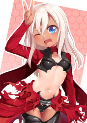Rule 34 | 1girl, blue eyes, breasts, chloe von einzbern, chloe von einzbern (cosplay), cosplay, fate/kaleid liner prisma illya, fate (series), highres, kantai collection, long hair, long sleeves, navel, one-piece tan, one eye closed, ro-500 (kancolle), shrug (clothing), small breasts, solo, tan, tanline, waist cape, yasume yukito