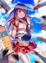 Rule 34 | 10s, 1girl, akagi (kancolle), bad id, bad pixiv id, blush, breasts, brown eyes, brown hair, embarrassed, gloves, gradient eyes, highres, japanese clothes, kantai collection, long hair, medium breasts, multicolored eyes, muneate, open mouth, partially fingerless gloves, partly fingerless gloves, personification, skirt, sky, solo, sougishi ego, tears, thighhighs, torn clothes, torn thighhighs, wardrobe malfunction, white thighhighs, yugake