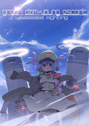 Rule 34 | 1girl, armband, blue hair, crab, crossed arms, crowd, day, green dam, grin, hair ribbon, halo, hat, jong tu, machine, navel, os-tan, peaked cap, personification, porch, ribbon, sky, smile, solo, twintails