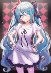 Rule 34 | 1girl, absurdres, blue eyes, blue hair, blush, bow, bracelet, checkered background, flower, frilled skirt, frills, frown, hair bow, hair flower, hair ornament, hair ribbon, hands on own hips, hatsune miku, highres, jewelry, light particles, long hair, looking at viewer, ribbon, short sleeves, skirt, solo, tsumurimai, twintails, v-shaped eyebrows, very long hair, vocaloid, world is mine (vocaloid)