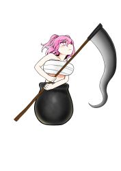 Rule 34 | 1girl, :&lt;, bare arms, bare shoulders, blush, breasts, collarbone, commentary request, getting over it, hair bobbles, hair ornament, highres, holding, holding scythe, in pot, large breasts, looking up, midriff peek, onozuka komachi, parody, pink eyes, pink hair, pot, sarashi, scythe, short hair, solo, touhou, transparent background, two side up, yassy